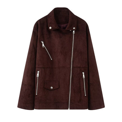 Women Asymmetrical Suede Leather Look Biker Jacket with Stand-Up Collar and Zippers EVA-US