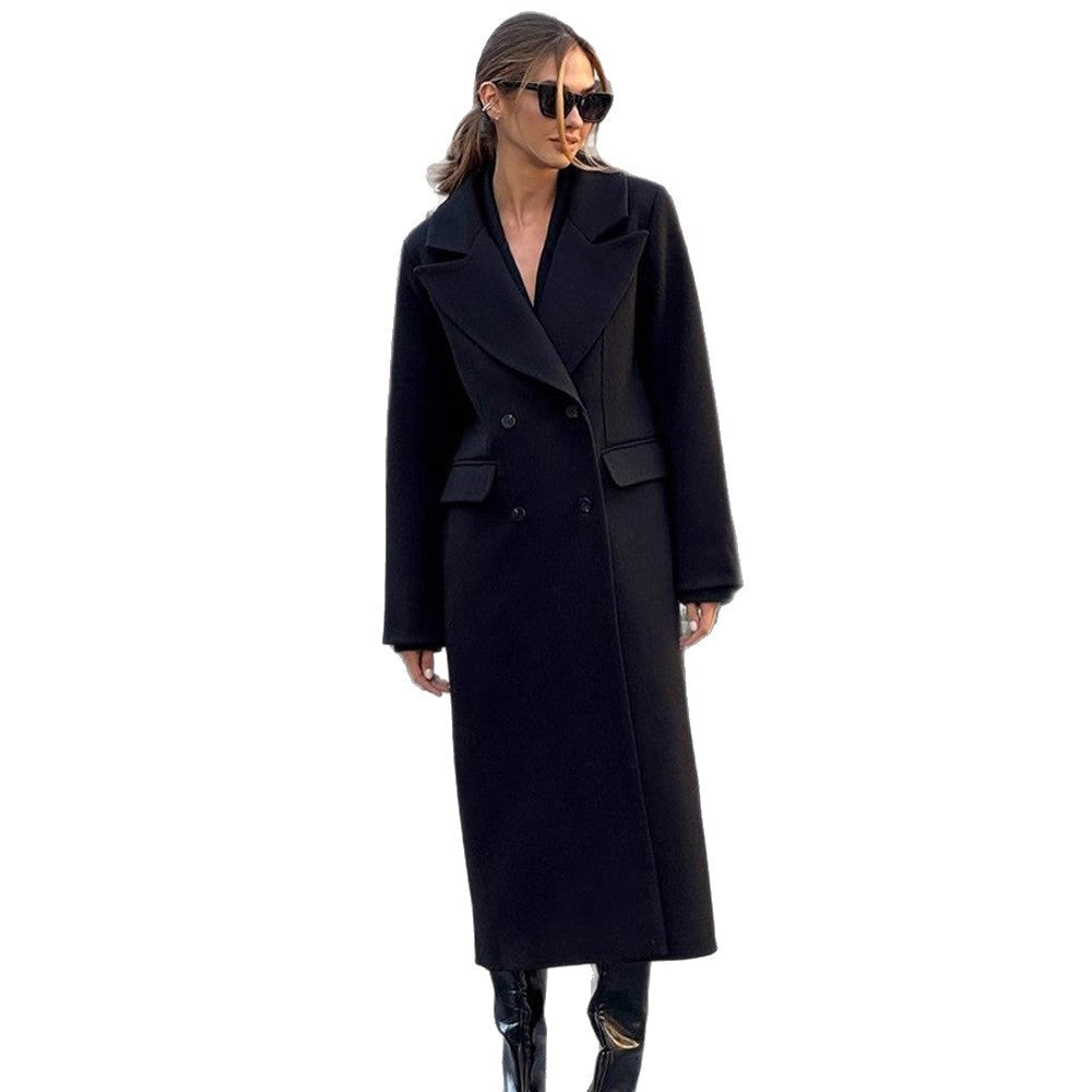 Women's Mid-length Double-breasted Wool Blend Coat with Distinctive Lapels and Tailored Fit EVA-US