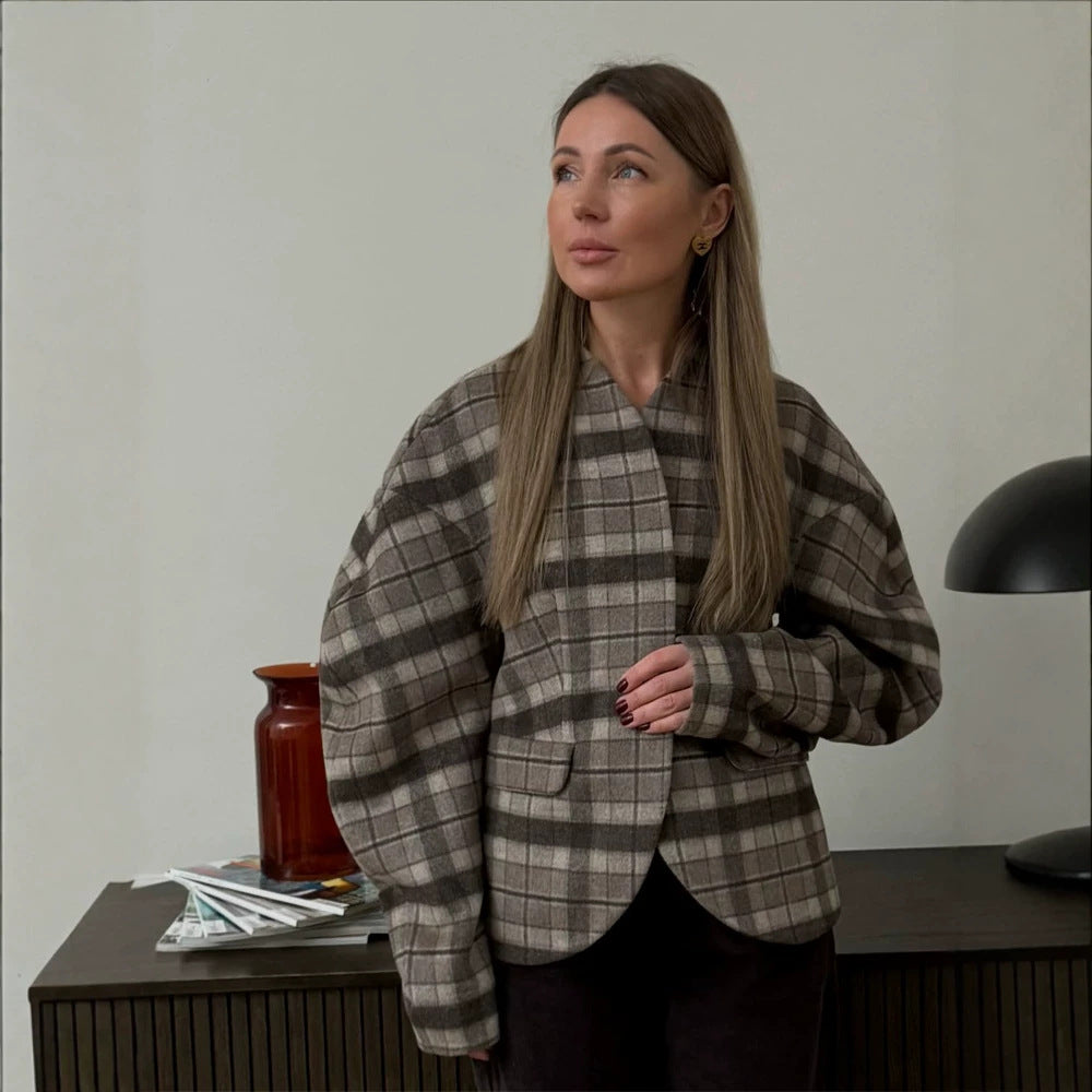 Women's Checked Boxy Blazer with Voluminous Balloon Sleeves EVA-US