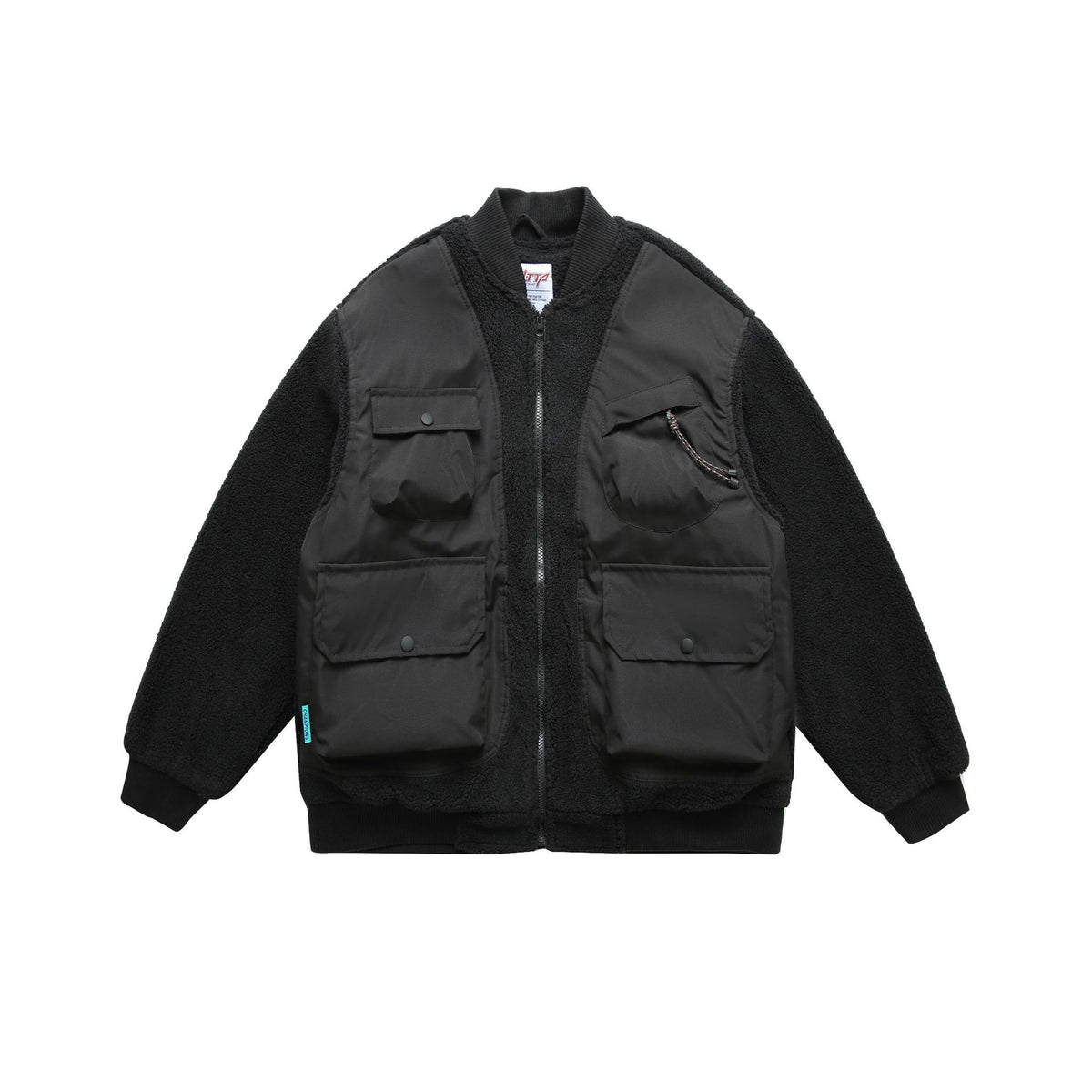 Men's Teddy Fleece Bomber Jacket with Utility Pockets and Nylon Inserts EVA-US