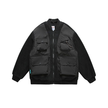 Men's Teddy Fleece Bomber Jacket with Utility Pockets and Nylon Inserts EVA-US