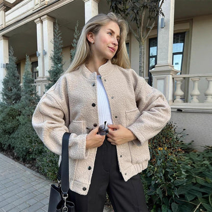 Women's teddy fleece bomber jacket in boxy cut with snap button closure and patch pockets EVA-US