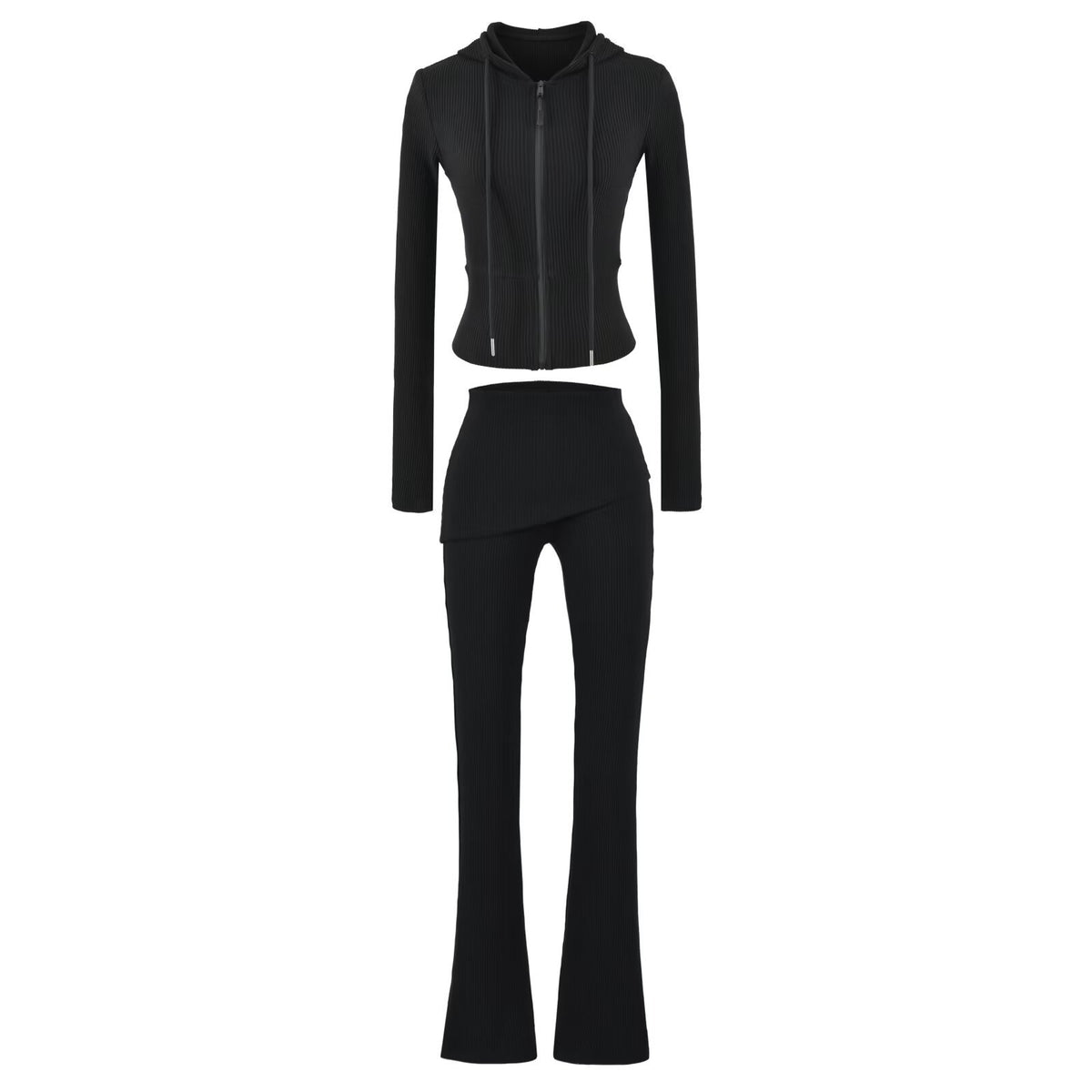 Women's Ribbed Lounge Set with Hooded Jacket and Wrap Waist Pants EVA-US