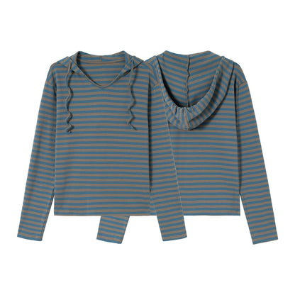 Women Striped Long Sleeve Hoodie Shirt with V-Neck and Hood Drawstring EVA-US