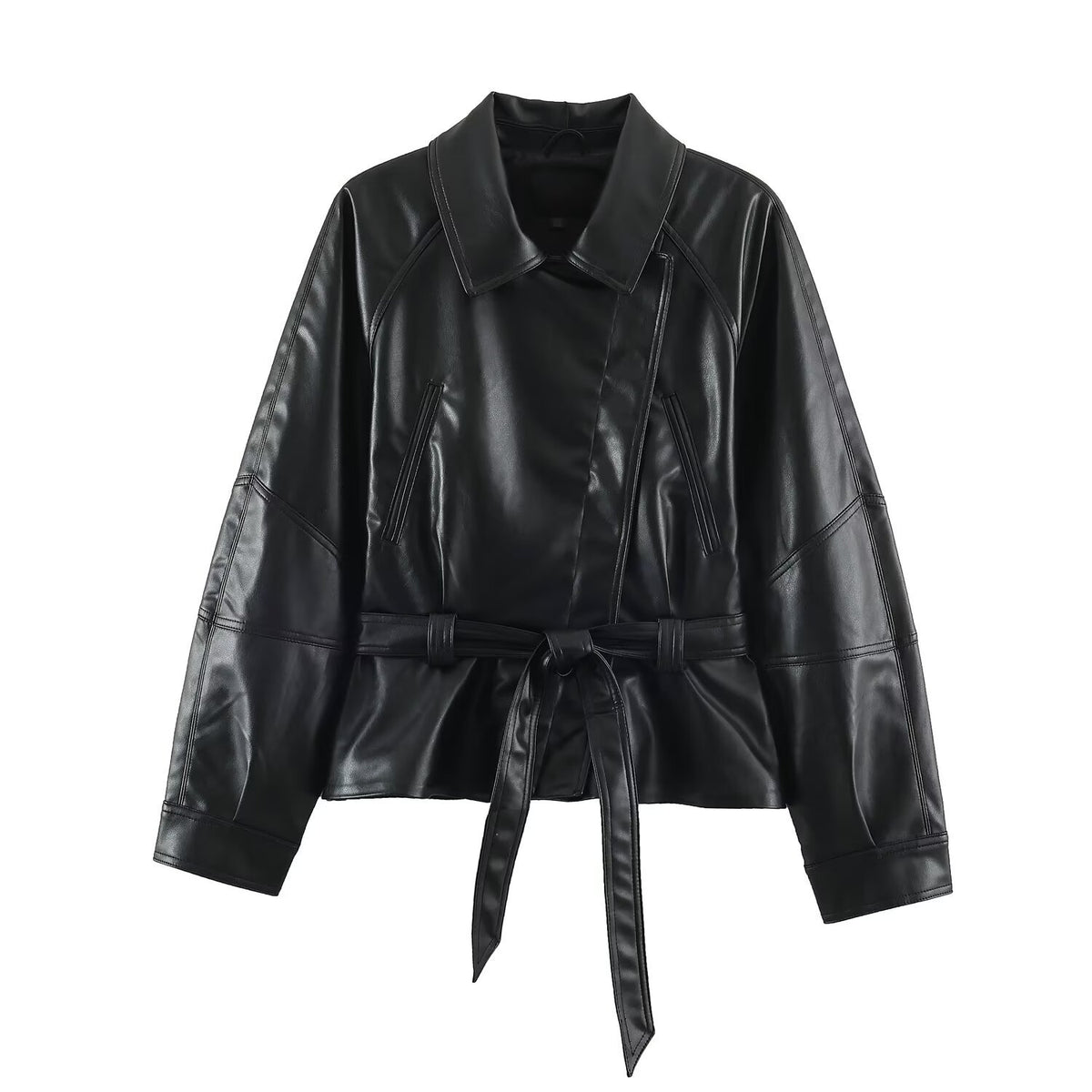 Women’s short jacket made of faux leather with a waist belt and oversized sleeves EVA-US