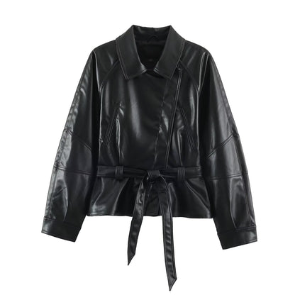 Women’s short jacket made of faux leather with a waist belt and oversized sleeves EVA-US