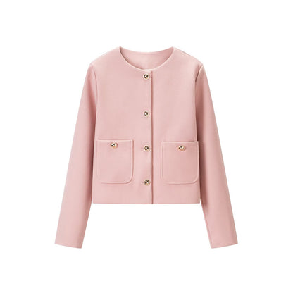 Women's short jacket made of wool blend with round neckline, patch pockets and gold decorative buttons EVA-US