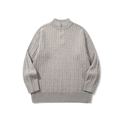 Unisex Cable Knit Half-Zip Sweater with High Ribbed Collar and Longer Hem EVA-US