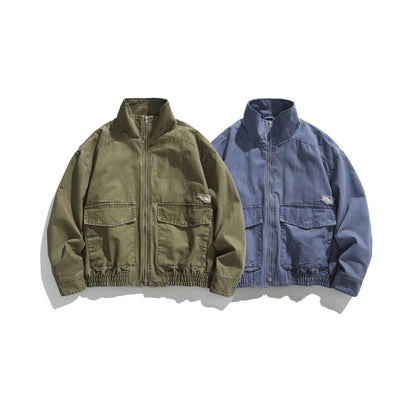 Unisex Short Jacket in Vintage Canvas with High Stand-Up Collar and Utility Pockets EVA-US