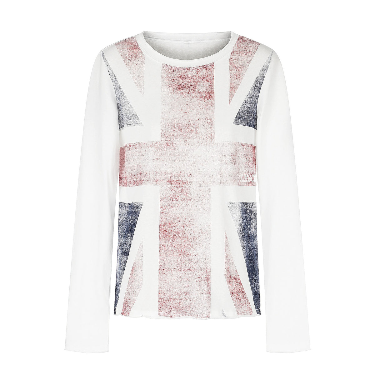 Women’s Crew Neck Long Sleeve made of Cotton Blend with Vintage Union Jack Print and Contrast Sleeves EVA-US