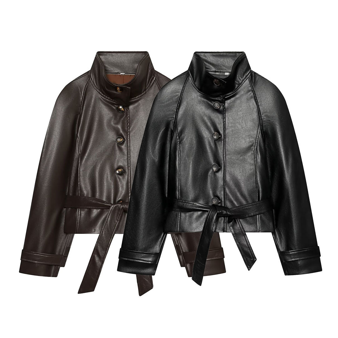Women's Tailored Cropped Vegan Leather Jacket with Stand Collar and Tie Belt EVA-US