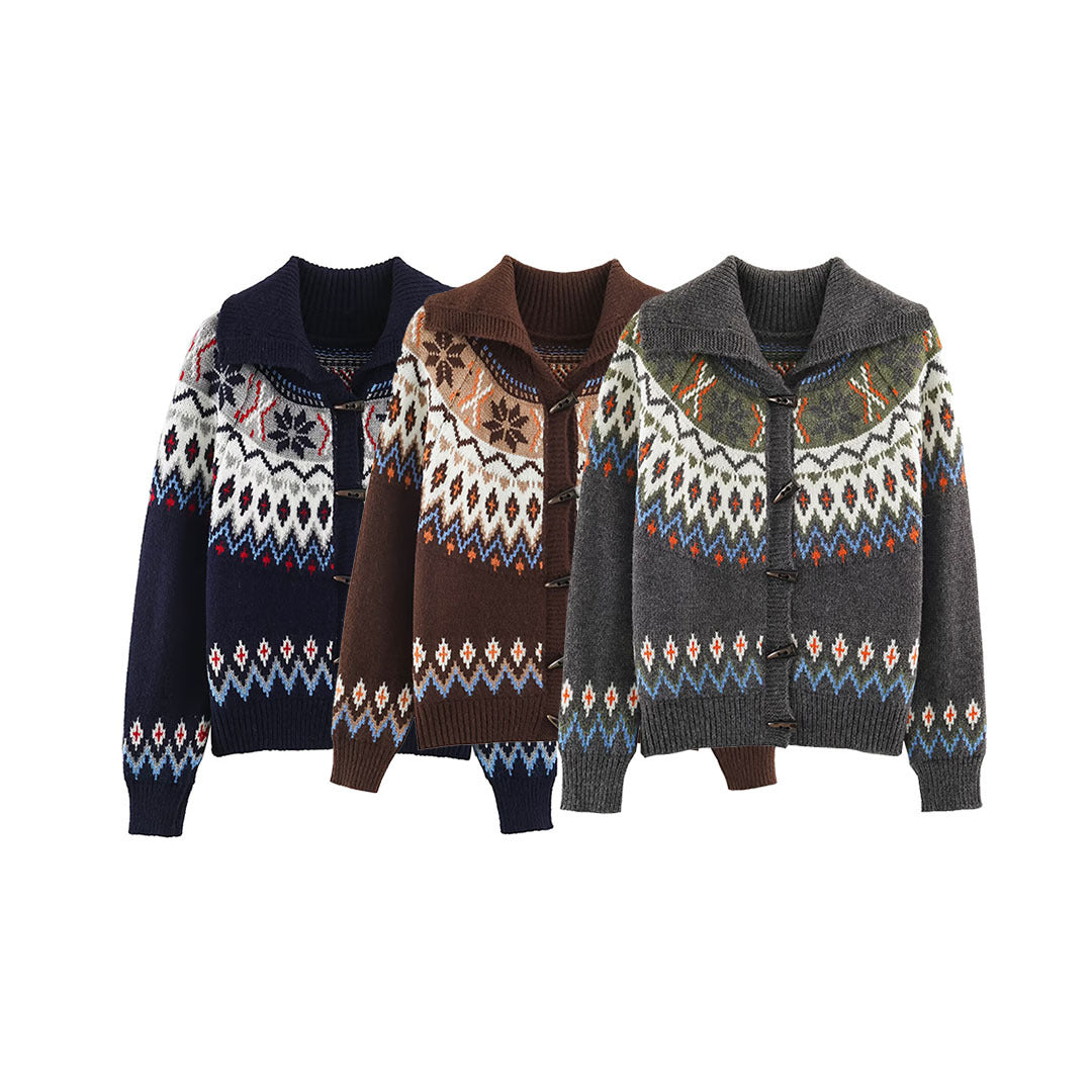 Women Chunky Knit Norwegian Cardigan with Shawl Collar and Horn Button Placket EVA-US