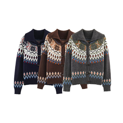 Women Chunky Knit Norwegian Cardigan with Shawl Collar and Horn Button Placket EVA-US