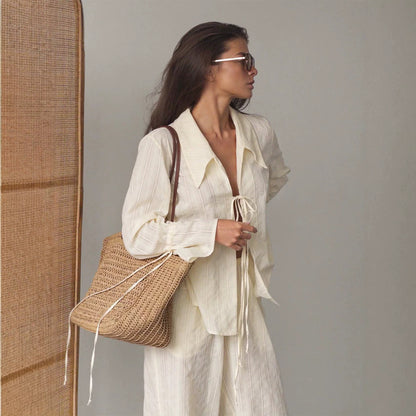 Women Loose Fitting Linen Look Blouse with Decorative Ties and Transparent Stripe Structure EVA-US