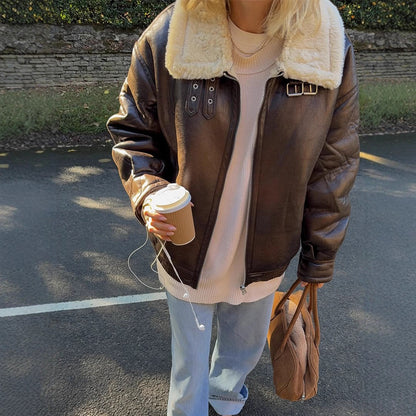 Women's Oversized Flight Jacket made of Faux Leather with Teddy Lining and Wide Cut EVA-US
