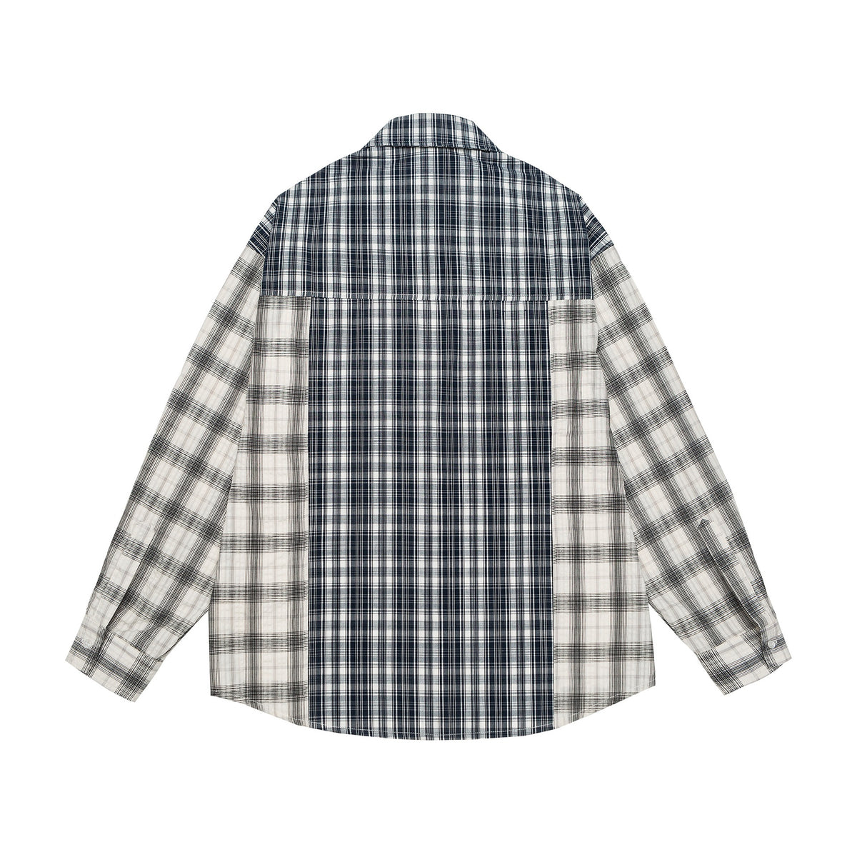 Unisex Oversized Shirt Jacket with Patchwork Check Pattern and Rounded Hem EVA-US