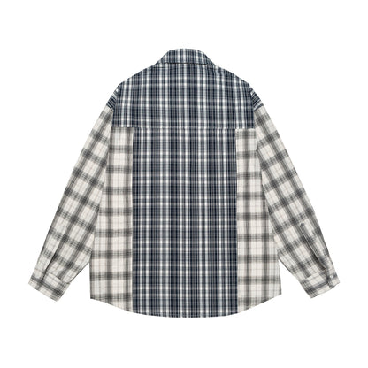 Unisex Oversized Shirt Jacket with Patchwork Check Pattern and Rounded Hem EVA-US
