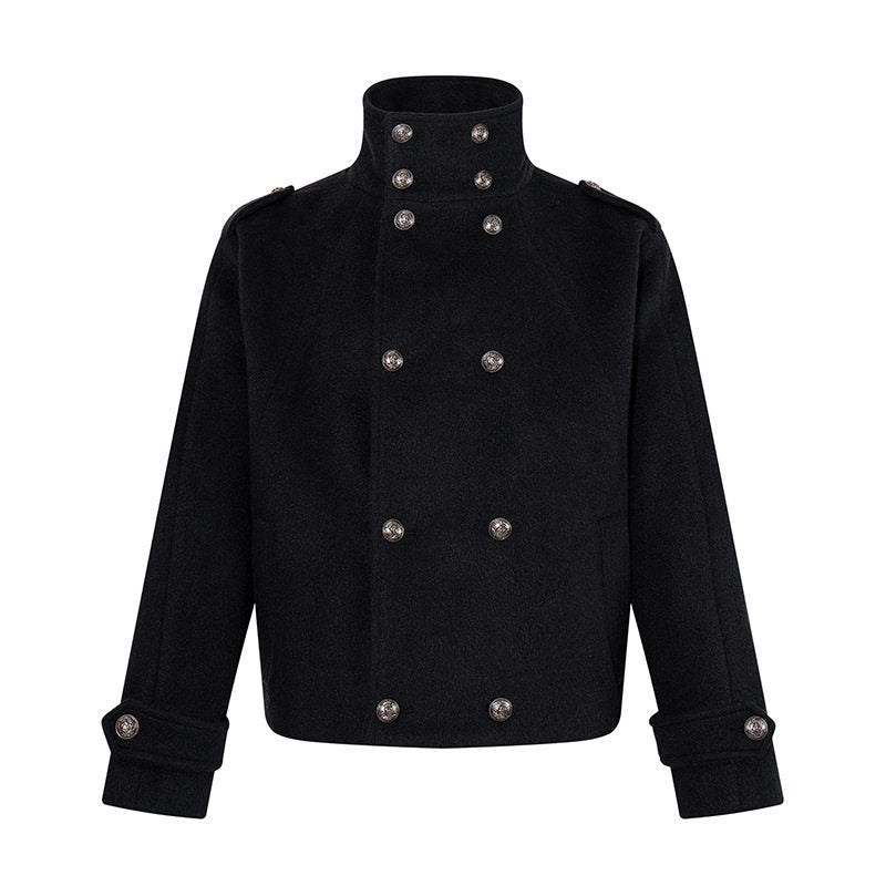 Women Short Double-Breasted Military Cab Jacket with Stand Collar and Epaulettes EVA-US
