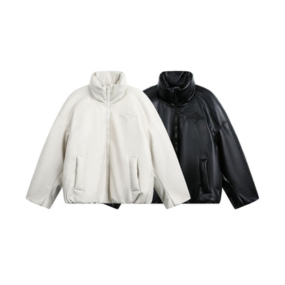 Women's Oversized Faux Leather Bomber Jacket with High Stand-Up Collar EVA-US