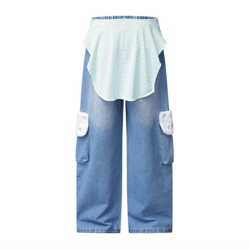 Women Wide Cargo Jeans with Plush Pockets, Embroidery and Elastic Waist EVA-US