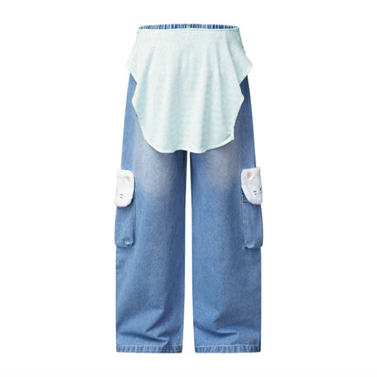 Women Wide Cargo Jeans with Plush Pockets, Embroidery and Elastic Waist EVA-US