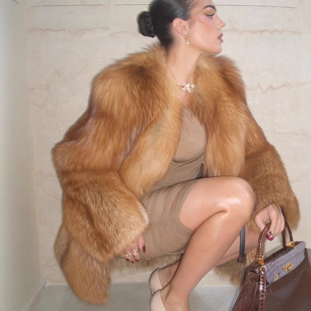 Women's Short Plush Faux Fur Coat with Boxy Silhouette and Voluminous Shawl Collar EVA-US