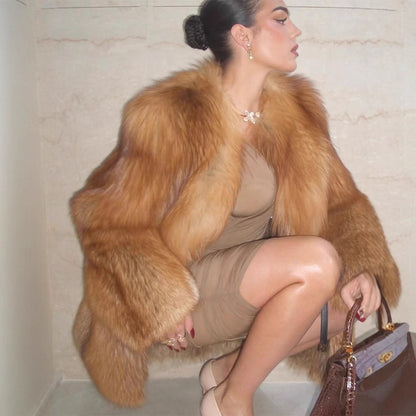 Women's Short Plush Faux Fur Coat with Boxy Silhouette and Voluminous Shawl Collar EVA-US