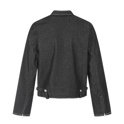Men's short denim-inspired worker blouson with stand collar, zipper chest pockets, and adjustable waist straps EVA-US