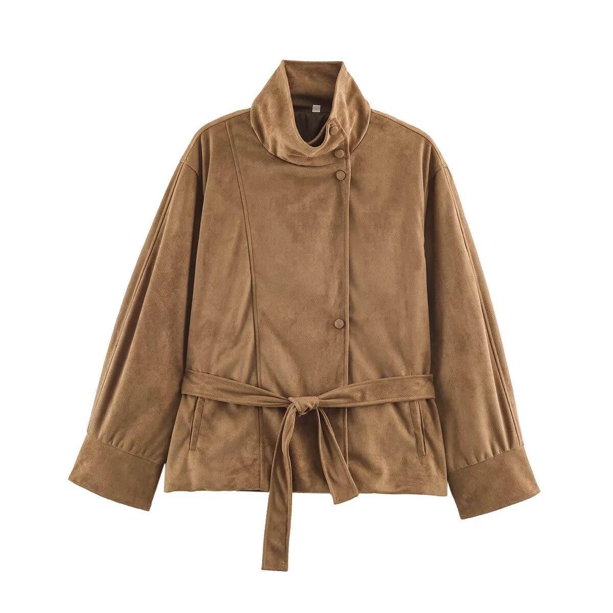 Women's Boxy Wrap Jacket in Velour Look with High Stand-Up Collar and Tie Belt EVA-US