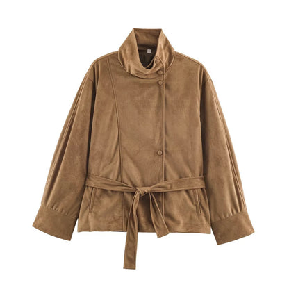 Women's Boxy Wrap Jacket in Velour Look with High Stand-Up Collar and Tie Belt EVA-US