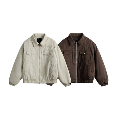 Men's short boxy blouson with shirt collar, utility chest pockets, and elastic hem EVA-US