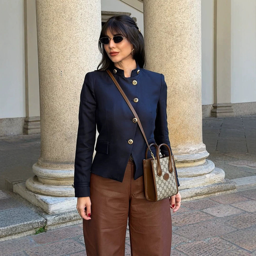 Women's Tailored Blazer with Stand Collar and Golden Decorative Buttons EVA-US