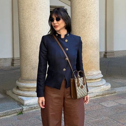 Women's Tailored Blazer with Stand Collar and Golden Decorative Buttons EVA-US