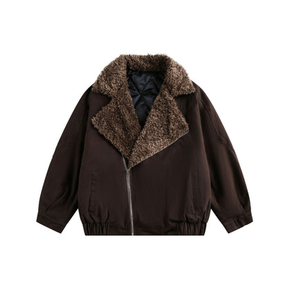 Men's short pilot-style jacket with generous teddy fur collar and elastic waistband.