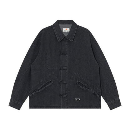 Men's short-cut denim chore jacket in boxy blouson style with Chinese toggle button placket EVA-US