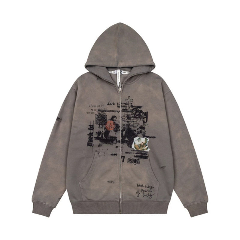 Unisex Oversize Hoodie with Zipper, Used Effect, Vintage Print and Kangaroo Pockets EVA-US