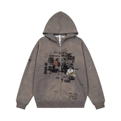 Unisex Oversize Hoodie with Zipper, Used Effect, Vintage Print and Kangaroo Pockets EVA-US
