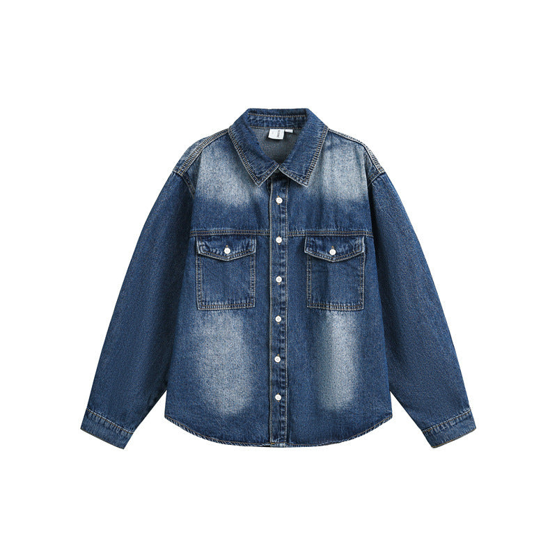 Unisex Oversized Denim Shirt Jacket in Vintage Wash with Patch Chest Pockets EVA-US