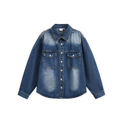 Unisex Oversized Denim Shirt Jacket in Vintage Wash with Patch Chest Pockets EVA-US