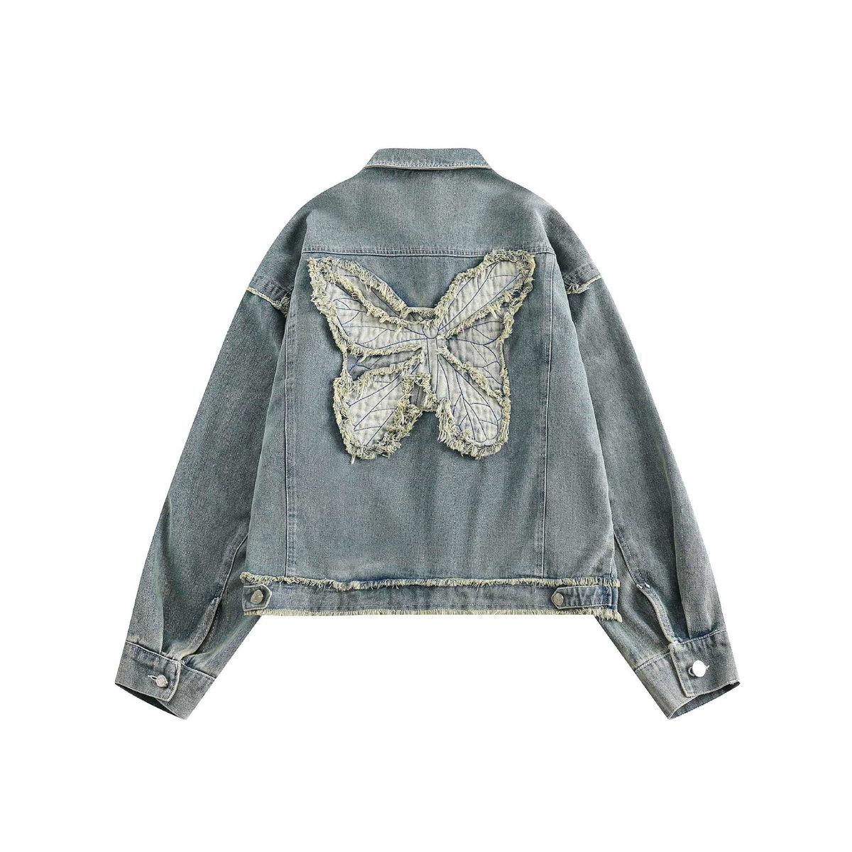 Unisex Oversize Denim Jacket with Fringe Finishes and Utility Pockets EVA-US