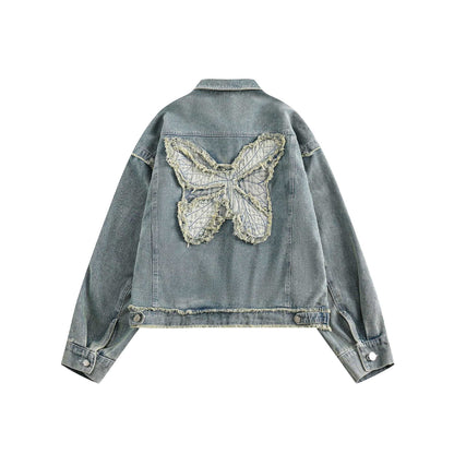Unisex Oversize Denim Jacket with Fringe Finishes and Utility Pockets EVA-US