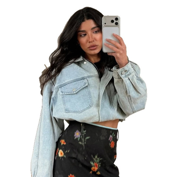 Women's Cropped Denim Jacket with Drawstring, Boxy Oversized Silhouette & Flap Pockets EVA-US