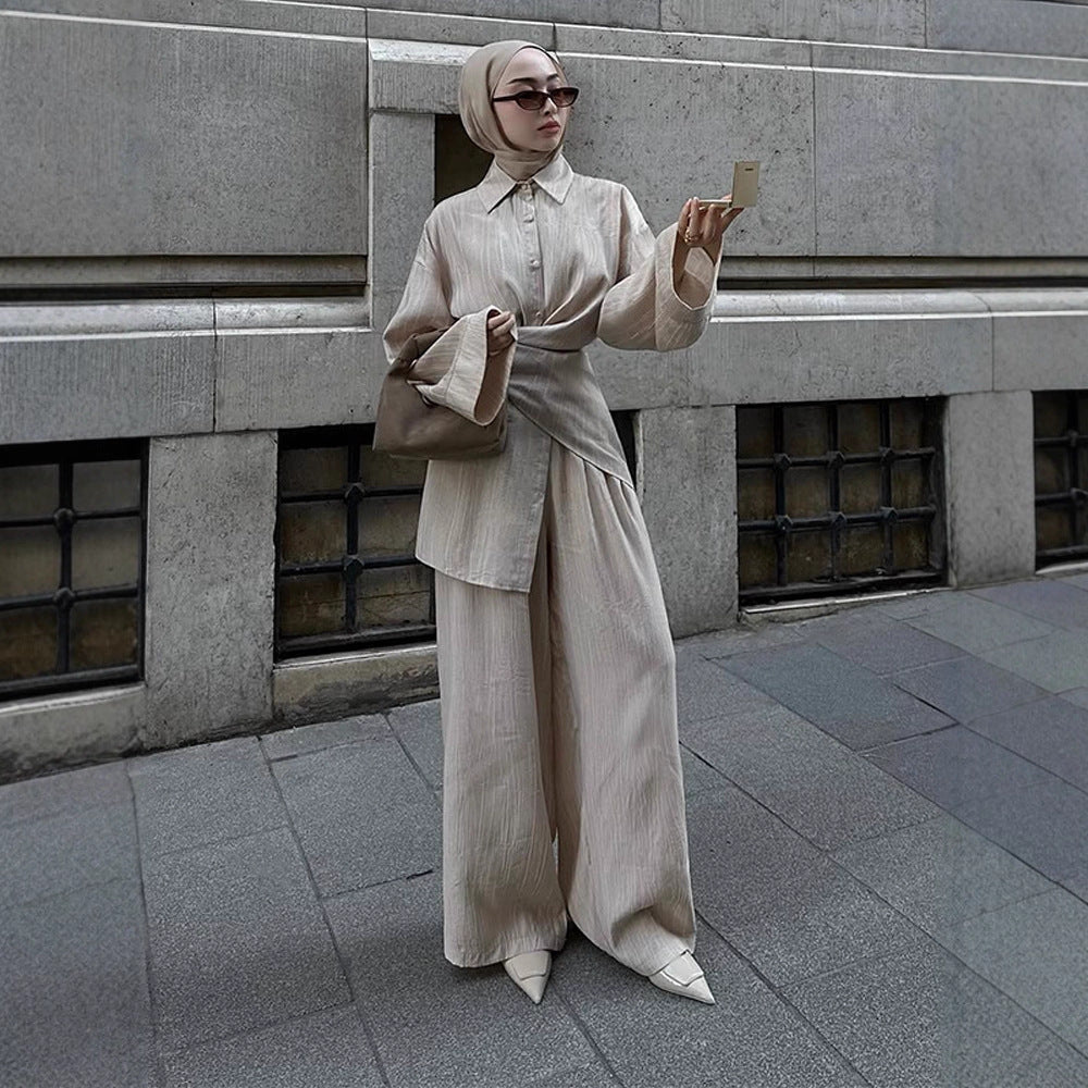 Women's casual tunic set with wrap belt and wide palazzo pants EVA-US