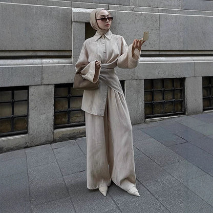 Women's casual tunic set with wrap belt and wide palazzo pants EVA-US