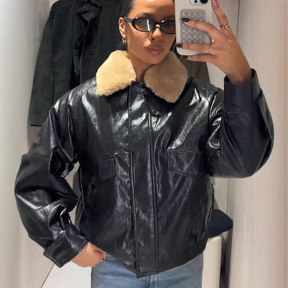 Women's Shiny Oversized Faux Leather Bomber Jacket with Voluminous Faux Fur Collar EVA-US