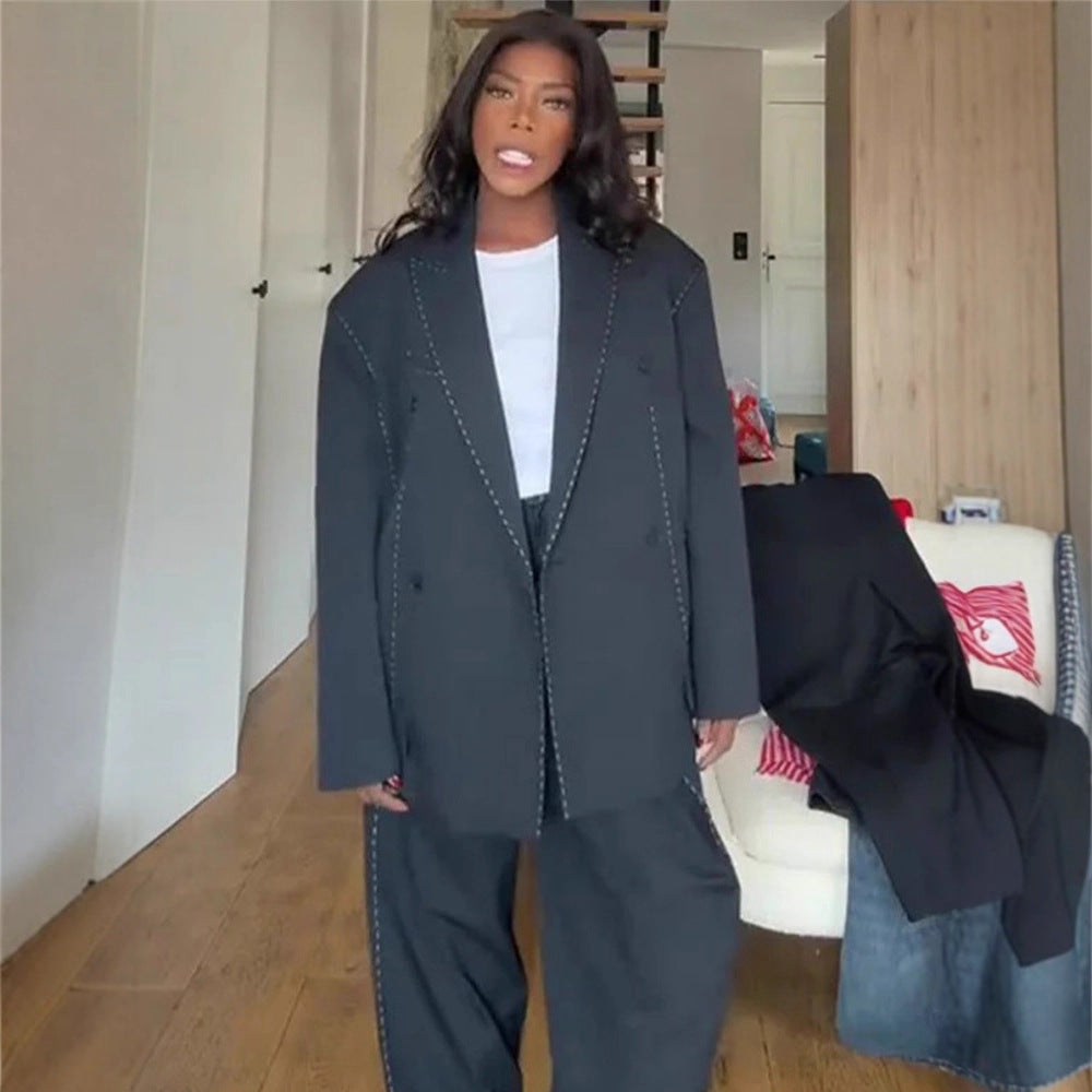 Women Oversized Two-Piece Boxy Blazer and Wide Pleated Trousers with Decorative Stitching EVA-US