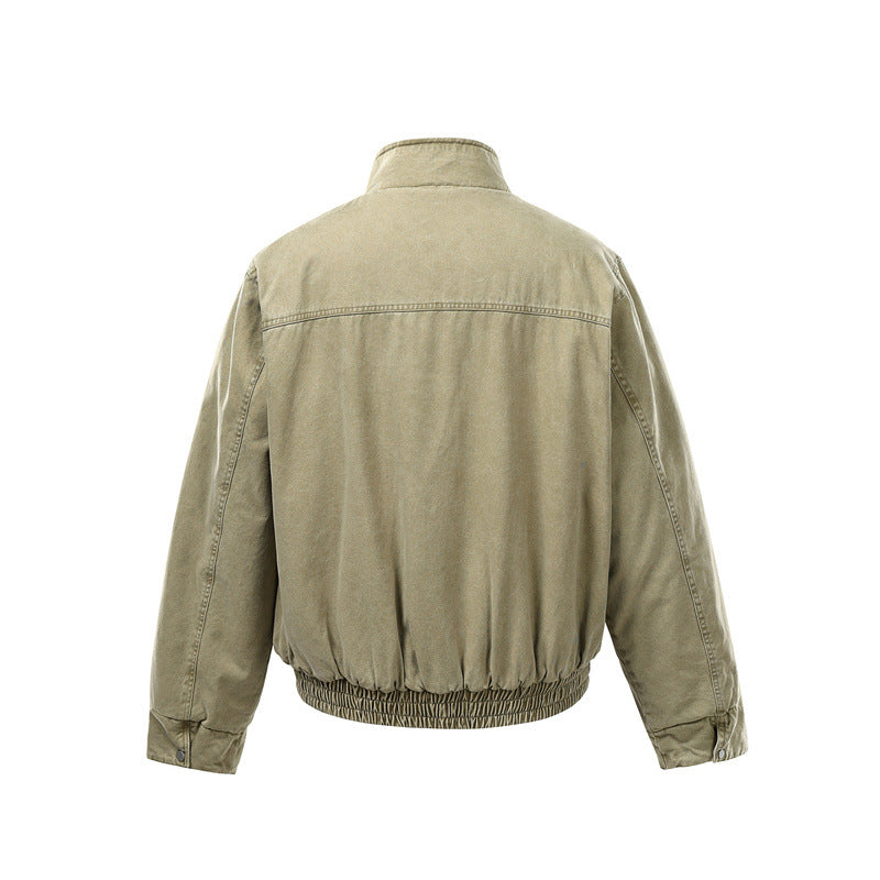Men's Short Boxy Utility Bomber Jacket made of Canvas with Quilted Front Yoke and Stand-Up Collar EVA-US