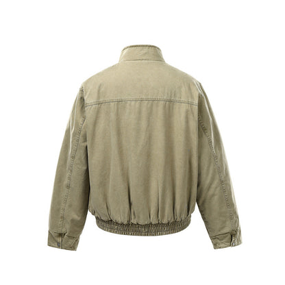 Men's Short Boxy Utility Bomber Jacket made of Canvas with Quilted Front Yoke and Stand-Up Collar EVA-US