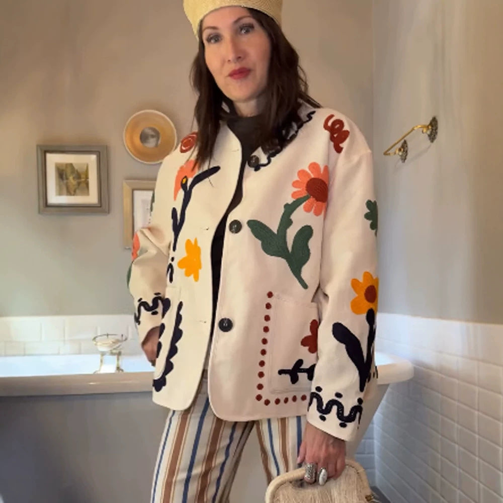 Women's embroidered boxy jacket with floral application and patch pockets EVA-US