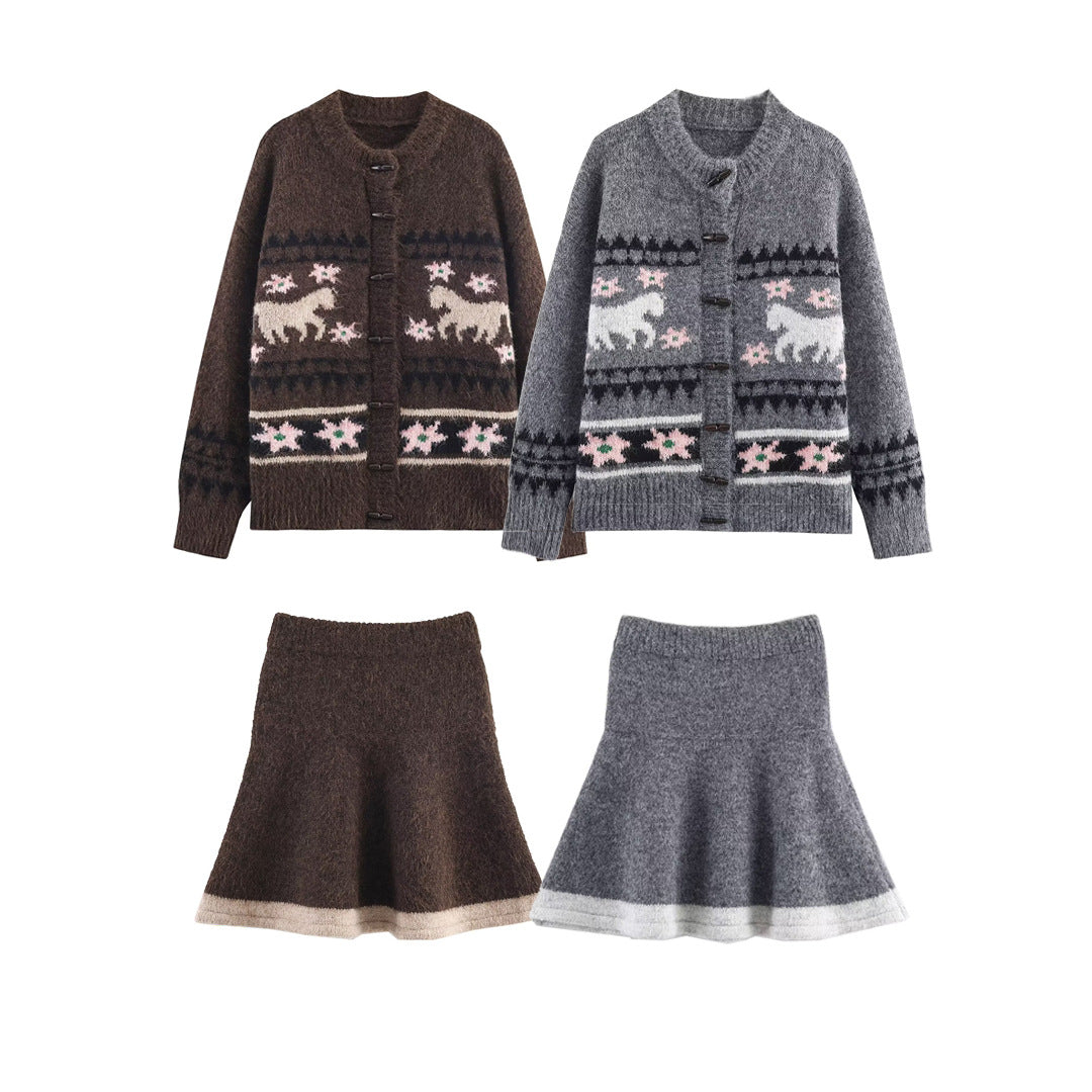 Women's Two-Piece Knit Set with Norwegian Pattern Cardigan and Flared Skirt EVA-US